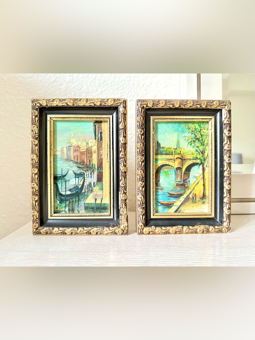 VTG MID-CENTURY ITALIAN MINIATURE PAINTINGS SET OF 2 - EUROPE ART GALLERY NY